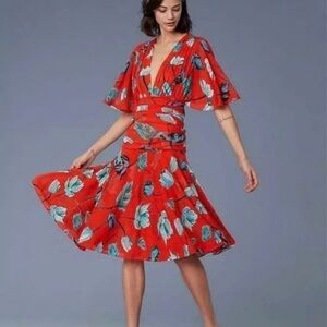 DIANE von FURSTENBERG Asher Vermillion Floral Print Mesh Cinched